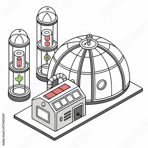 Futuristic research facility with dome and specimen containment tubes on a white background