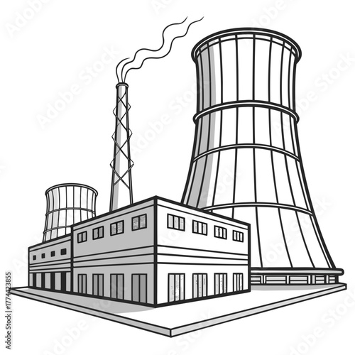 Stylized black and white illustration of a power plant with cooling towers and a smoking chimney