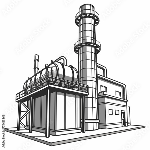 Stylized black and white illustration of an industrial factory building with a tall smokestack and storage tanks