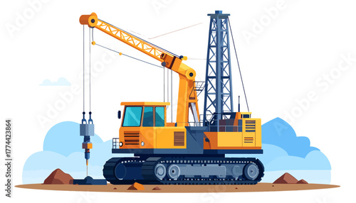 Heavy-duty yellow and blue pile driver machine on a construction site, drilling into the ground with a tall mast and crane arm, against a white background.