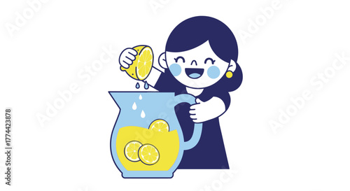 Cartoon illustration of a cheerful girl making homemade lemonade.