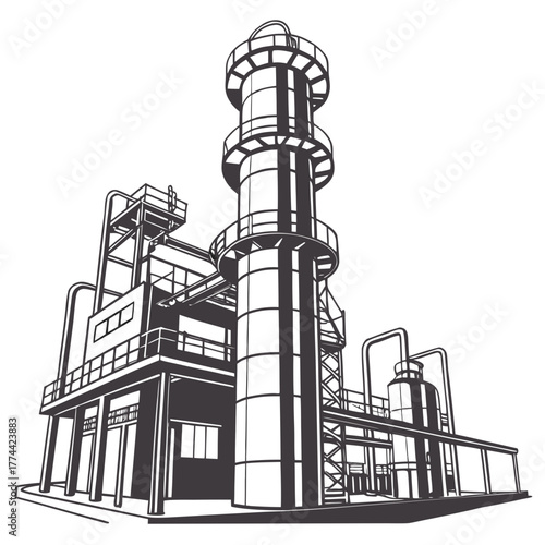 Modern industrial complex with tall distillation towers and interconnected pipelines against a white background