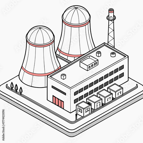Isometric illustration of a power plant with cooling towers and a smokestack on a white background