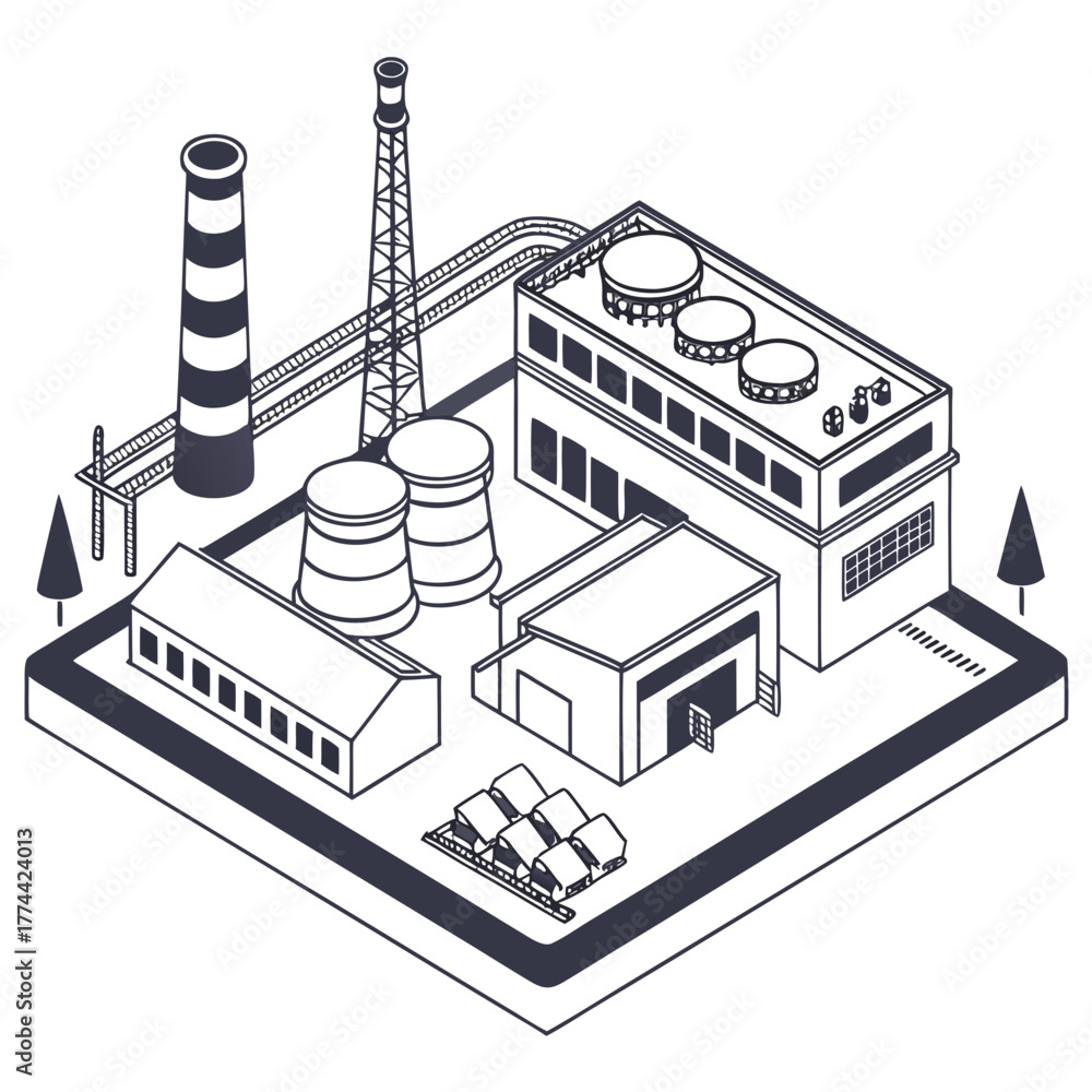 Naklejka premium Isometric illustration of a modern industrial factory complex with smokestacks and cooling towers