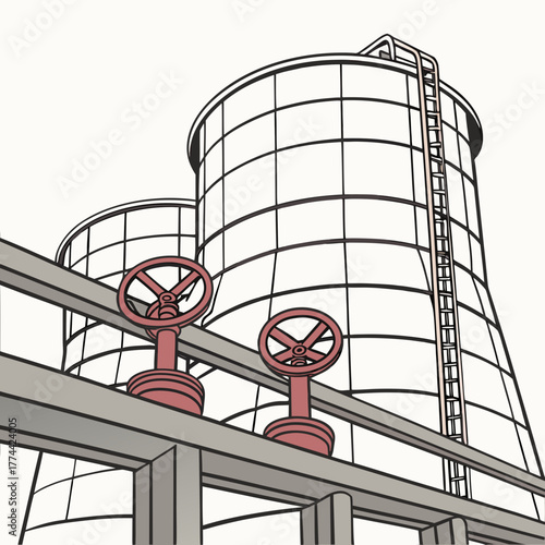 Industrial plant with large cooling towers and red control valves on pipes