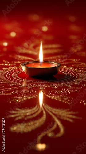 Golden Diya Lamp on Ornate Rangoli with Warm Festive Light Bokeh on a golden mandala on a red background
