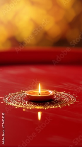 Golden Diya Lamp on Ornate Rangoli with Warm Festive Light Bokeh on a golden mandala on a red background
