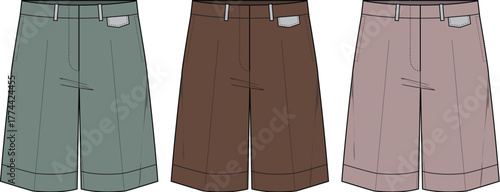 Vector set of women's wide-leg cuffed shorts in a muted color palette, a fashion technical flat sketch for apparel design and clothing mockups