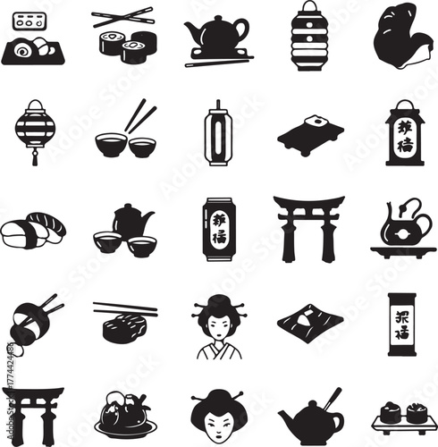 Collection of Japanese icons including food lanterns geisha and torii gates Keywords: Japanese, icons, collection