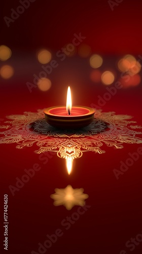 Golden Diya Lamp on Ornate Rangoli with Warm Festive Light Bokeh on a golden mandala on a red background
