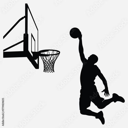 Silhouette of a basketball player performing a slam dunk in a game, capturing the athleticism and excitement of the sport