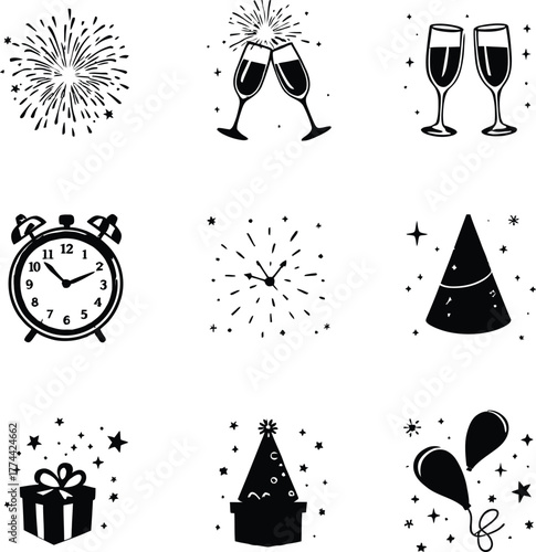 New year celebration icons including fireworks champagne clock gift and party hats in black and white