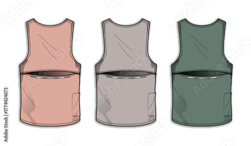 Technical flat illustration of a sleeveless utility vest with pockets. Three modern color options presented for clothing design and product mockups