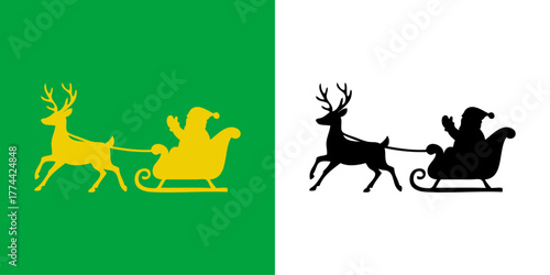 Logo con silueta de Santa Claus viajando en trineo con un reno saludando para tarjetas y felicitaciones de Navidad 