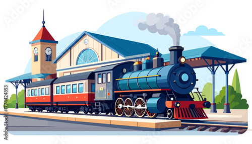 A cartoon steam train with carriages at a station platform, featuring a clock tower and covered roof.