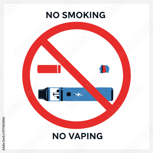 No Smoking and No Vaping prohibition sign with illustration of a vape pen and cigarette. A clear symbol of restriction on tobacco and electronic cigarette use