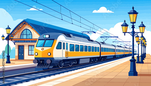 A modern passenger train arriving at a station platform with a building and classic streetlights under a blue sky.