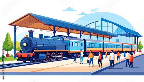 A blue passenger train is stopped at a modern train station platform with people waiting to board, under a large canopy.