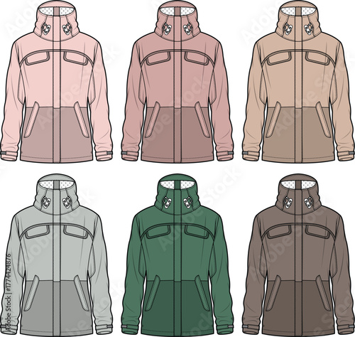 A versatile collection of winter hooded parka jacket technical flat sketches in multiple colorways. Fashion design apparel template and clothing vector illustration concept