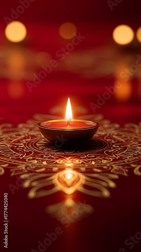 Golden Diya Lamp on Ornate Rangoli with Warm Festive Light Bokeh on a golden mandala on a red background
