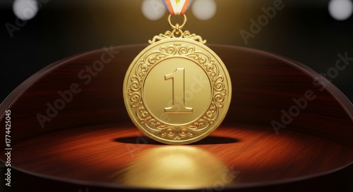 Golden Medal on a Wooden Stand with Soft Lighting Effect