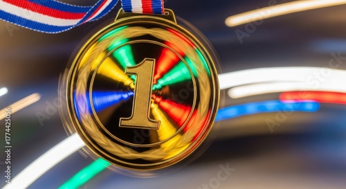Shiny Gold Medal with Number One on Colorful Blurred Background