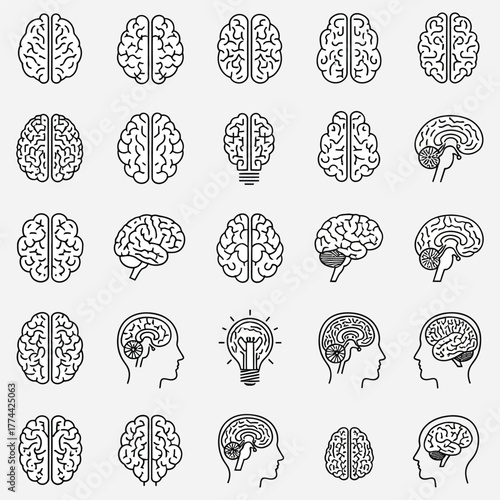 Vector graphic set of human brain icons in a minimalist line style, representing neurology, psychology, and innovation