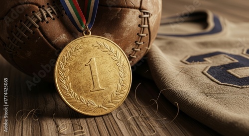 Gold Medal on a Vintage Baseball and Sports Jersey Background