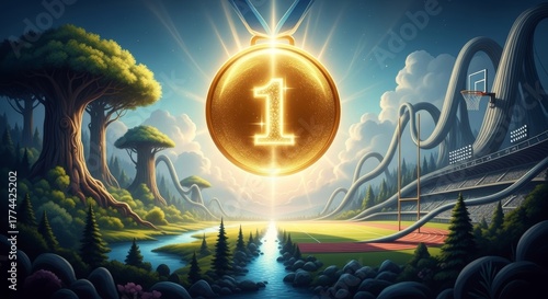 Glowing Gold Medal Symbolizing Victory in Sports and Competition