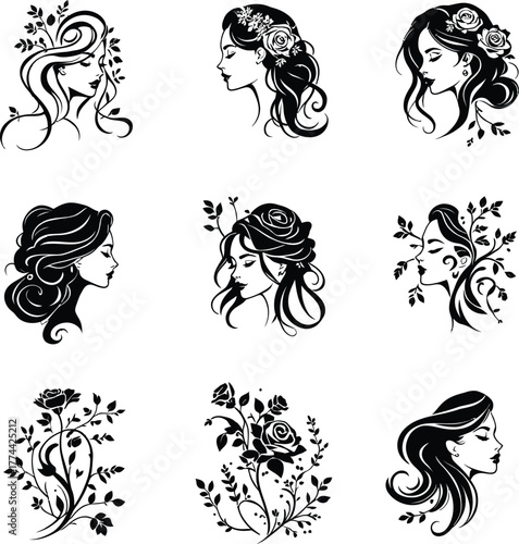 Collection of elegant women portraits with floral elements in black and white style design