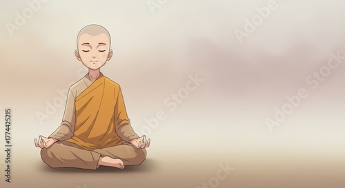 Serene Young Monk Meditating in Calm Environment with Light Background