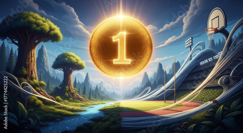 Golden Number One Symbol in Nature and Sports Landscape Scene
