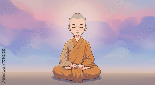 Peaceful Monk Meditating in Tranquil Setting with Soft Colors