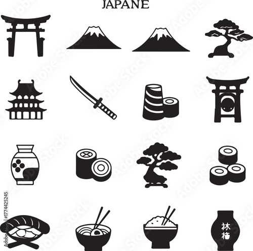 Japanese Culture Icons Set Including Torii Gate and Mt Fuji vector illustration