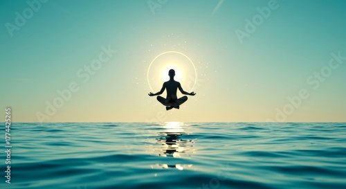 Serene Meditation Over Calm Water at Sunrise with Radiant Light