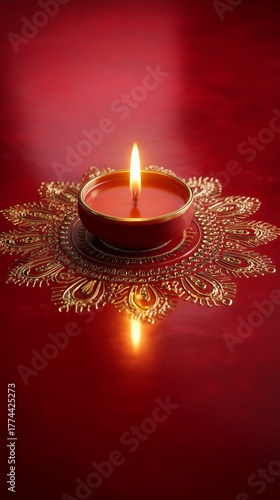 Golden Diya Lamp on Ornate Rangoli with Warm Festive Light Bokeh on a golden mandala on a red background
