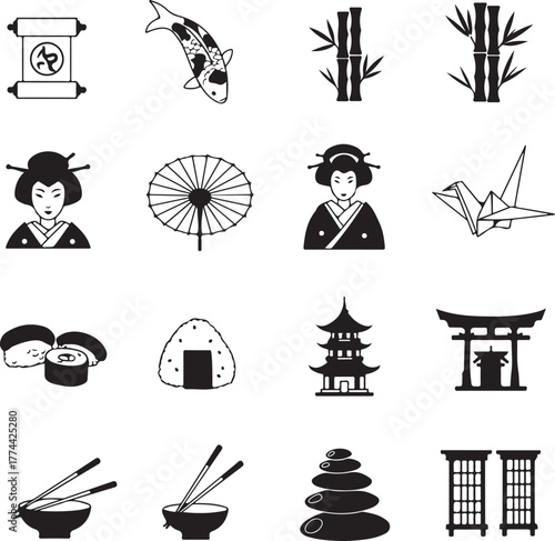 Japanese Culture Icons Set with Geisha and Koi Fish vector illustration