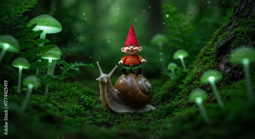 Enchanted Forest Scene with Gnome and Snail Surrounded by Mushrooms