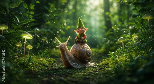 Enchanted Forest Scene with Gnome Riding a Giant Snail
