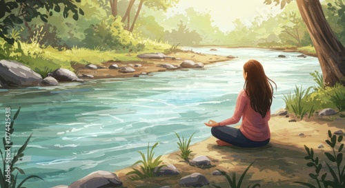 Serene River Meditation Scene with Woman in Peaceful Nature Setting