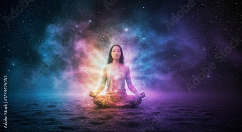 Cosmic Meditation in a Starry Galaxy with Colorful Aura Energy