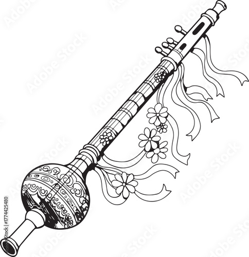 Ornate Indian Wind Instrument With Flowers and Ribbons musical shehnai