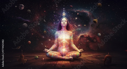 Enigmatic Cosmic Meditator Surrounded by Celestial Bodies and Energy