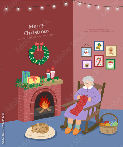 크리스마스 벽난로 앞에서 뜨개질하는 할머니