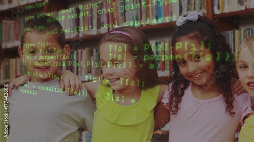 Children posing in education library, code overlay scrolling revealing faces on playback