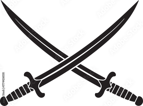 Two crossed swords with black handles and blades on a white background Keywords: swords, crossed, weapons, combat