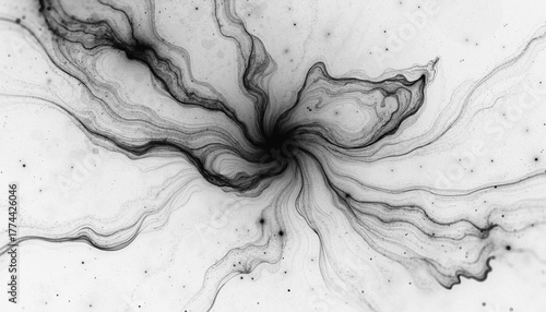 Monochrome cosmic swirl nebula abstract background, black and white space galaxy line art digital texture