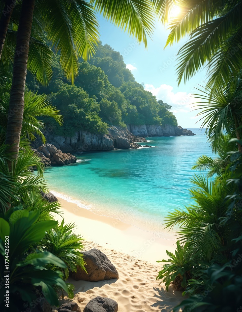 Fototapeta premium Lush jungle frames secluded tropical beach with clear turquoise ocean water. White sand shore meets steep green cliffs under bright sunlight. Peaceful coastal scene invites serene escape.