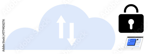 Cloud with bidirectional arrows, black padlock, and laptop connectivity emphasizes secure cloud storage, data privacy, and digital access. Ideal for technology, security, cloud services, data backup