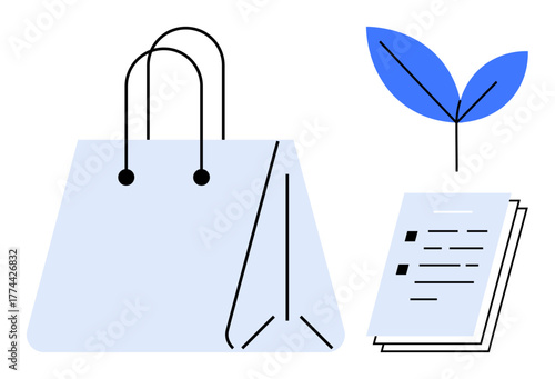 Shopping bag alongside checklist under leaf symbolizing sustainability, eco-friendliness, conscious consumption, environmental responsibility, minimalism, green lifestyle, responsible habits. A